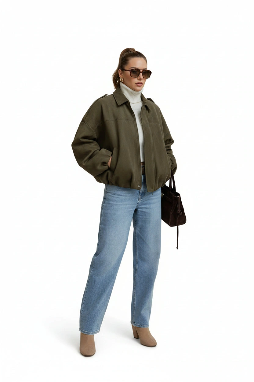 KVLOR™ Oversized Faux Suede Bomber Jacket